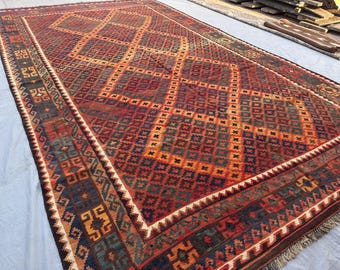 Antique Afghan Kilim Rug, 7'8x13'0 ft Flat Weave Wool Carpet | Handmade Tribal Rug | Turkish Style Geometric Area Kilim | Large Floor Decor
