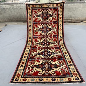 4x9&#39;2 ft Afghan Hand Knotted Kazak Rug | Soft Pile Wool Runner Rug | Oriental Geometric Carpet Top Quality Hallway Rug Tribal Entry Decor