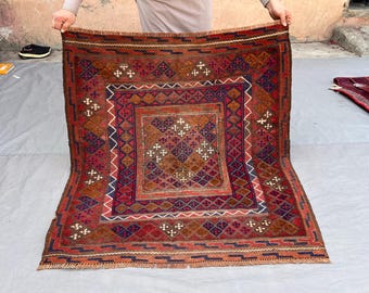 Alfombra cuadrada de 4x4 pies - Alfombra afgana vintage anudada a mano de lana teñida con tintes vegetales - Alfombra cuadrada antigua hecha a mano con efecto desgastado - Alfombra para sala de estar - Alfombra para dormitorio