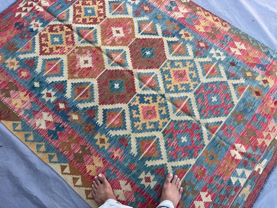 Afghan Kilim Rug 5x7 | Handmade Flat Weave Wool Rug | Turkish Style Geometric Boho Decor | Colorful Tribal Area Carpet | Ethnic Wool Art Rug