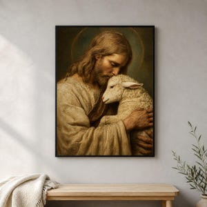 May include: A framed wall art print depicting a figure with long brown hair and a beard, wearing a textured beige robe, holding a white lamb close to their chest. The background features a soft, circular golden halo effect in dark tones.