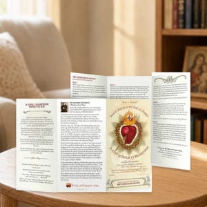 May include: A tri-fold religious pamphlet titled O Jesus, I Surrender Myself to You, featuring a central illustration of the Sacred Heart of Jesus surrounded by a crown of thorns and flames, with printed text in English and French throughout.