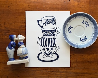 Delft Stack - Blue and White Teacup Linocut Print