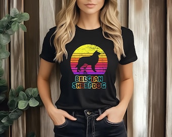 T-shirt Belgische herdershond silhouet zonsondergang, retro T-shirt Belgische herdershond, hondenliefhebber, cadeau voor haar, cadeau voor hem, verjaardagscadeau