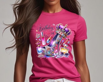 Camiseta de algodón grueso de la reina del cumpleaños, camiseta de cumpleaños de la reina, regalo para ella, camiseta de celebración divertida, camiseta de mujer, regalo de cumpleaños