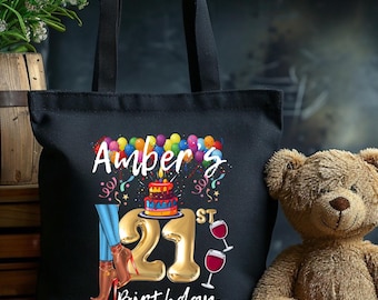 Sac fourre-tout d'anniversaire personnalisé, cadeau personnalisé pour 21e anniversaire, sac cadeau, fourre-tout pour les célébrations, sac à provisions réutilisable élégant
