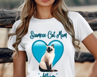 パーソナライズされたシャム猫ママTシャツ、猫好きの方へのプレゼントに最適、動物好きの方へのTシャツ、面白い猫ママシャツ、シャム猫