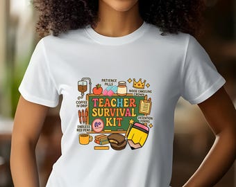 Maglietta "Kit di sopravvivenza per insegnanti", regalo divertente per insegnanti, maglietta unisex in cotone, magliette per il ritorno a scuola, maglietta per gli amanti del caffè, apprezzamento per gli insegnanti