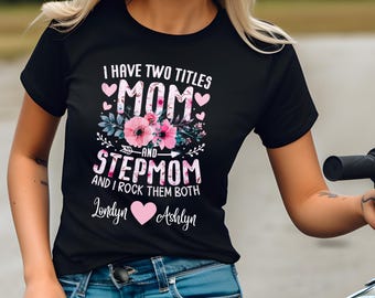 Personalisiertes Blumen Mom & Stepmom Tee, Geschenk für Muttertag, Familienfeiern, lustiges Geschenk für Mütter