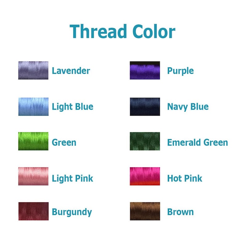 Op de afbeelding: Een kleurenkaart met draadkleuren met de tekst "Thread Color" bovenaan. Kleuren zijn onder meer lavendel, lichtblauw, groen, lichtroze, bordeaux, paars, marineblauw, smaragdgroen, felroze en bruin.