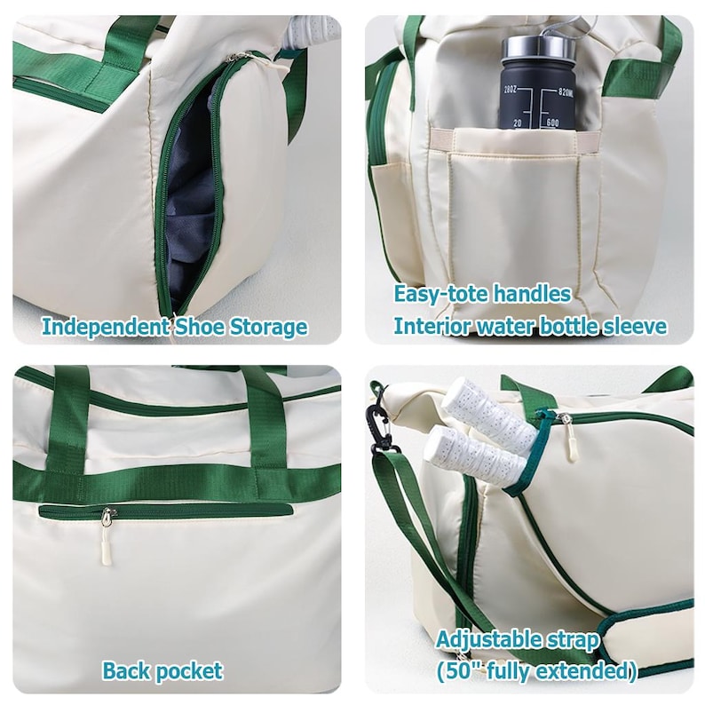 Op de afbeelding: Cr&egrave;me sporttas met groene accenten. Voorzien van aparte schoenenopslag, draaghandvatten, een binnenvak voor een waterfles, een achterzak en een verstelbare riem (127 cm).