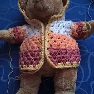 May include: A brown teddy bear wearing a crocheted jacket with stripes of white, orange, pink, and yellow.