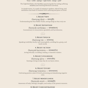 May include: A beige graphic with the title "THE NOBLE EIGHTFOLD PATH" and its Sanskrit translation. The text describes the Buddha's guide to ending suffering, including Right View, Intention, Speech, Action, Livelihood, Effort, Mindfulness, and Concentration.