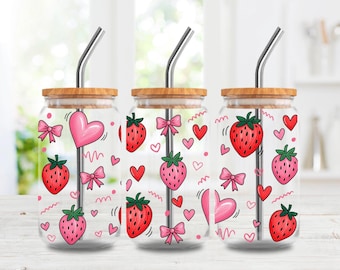 Diseño PNG de lata de vidrio Strawberry Coquette, diseño femenino para vaso Libbey de 16 oz, descarga digital.