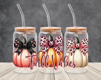 Fall Vibes 16oz Glass Can Wrap | Pumpkins PNG | Autumn Sublimation | Instant Digital Download