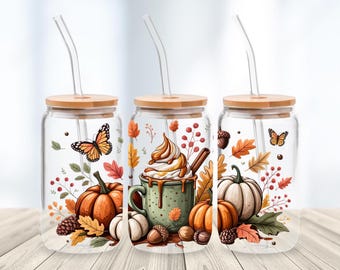 Fall Glass Can Wrap PNG, Pumpkin Spice Autumn 16oz Sublimation Design, Cozy Latte Tumbler Wrap, Digital Download