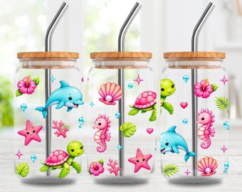 Ocean Animals 16oz Glass Can Wrap PNG, Summer Cup Sublimation Design, Digital Download