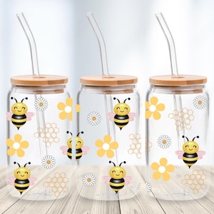Honey Bee 16oz Glass Can Wrap, 16oz Bumblebee Libbey Glass Can, Cute Bees and Daisy Png, Honeycomb Bees, Cute Bee Libbey Glass Png