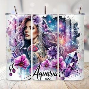 Aquarius Zodiac 20oz Tumbler Wrap Skinny Tumbler Celestial Design Astrology 20 oz PNG Tumbler Sublimation Design Mystical Zodiac Floral Wrap