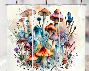 Bright Mushrooms and Wildflowers Tumbler Wrap, Watercolor Mushroom Tumbler PNG, 20oz Tumbler Wrap, Crystals and Mushrooms Tumbler Wrap