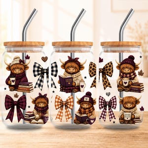 Cozy Highland Cow Glass Can Wrap, 16oz Libbey Sublimation Design, Book Lover Fall Wrap, Autumn Latte PNG,Digital Download