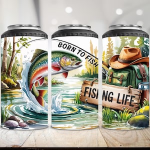 May include: Three insulated can coolers with fishing-themed designs. One features a leaping trout, another says "Born to Fish," and the third displays a fishing hat, backpack, and the words "Fishing Life."