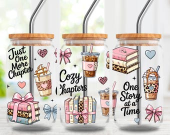 Bookish Glass Can Wrap, Cozy Chapters Sublimation Design,  Book Lover Libbey Cup PNG, Digital Download