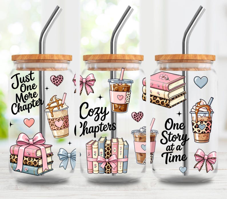 May include: Three glass tumblers with bamboo lids and stainless steel straws. Each tumbler features a different design with the phrases "Just One More Chapter", "Cozy Chapters", and "One Story at a Time". The designs include books, coffee, and hearts.