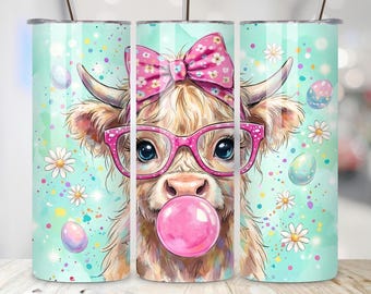 Easter Highland Cow Tumbler Wrap PNG, 20oz Skinny Sublimation Design, Pastel Spring PNG, Digital Download