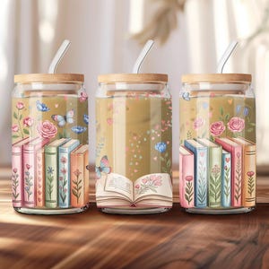 Book Lover 16oz Glass Can Wrap, Bookish Libbey Sublimation Design, Floral PNG, Digital Download image 3