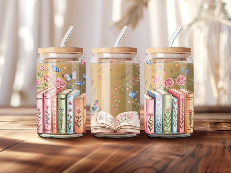 Book Lover 16oz Glass Can Wrap, Bookish Libbey Sublimation Design, Floral PNG, Digital Download image 3