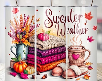 Fall 20oz Skinny Tumbler Wrap PNG, Sweater Weather Sublimation Design, Autumn Tumbler PNG, Instant Digital Download