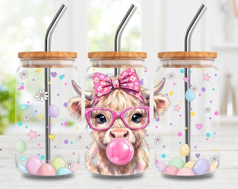 Highland Kuh Ostern Glasdose PNG, 16 Unzen Libbey Wrap Design, Kokette Kuh Sublimation, digitaler Download
