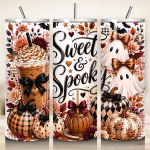 May include: A cylindrical tumbler with a straw featuring a fall-themed design of iced coffee, caramel apples, ghosts, and pumpkins. The text Sweet & Spooky is printed in black script. The background includes autumn leaves, plaid patterns, and bows.