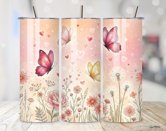 Butterfly 20oz Skinny Tumbler Wrap PNG, Floral Sublimation Design PNG, Valentines Heart Tumbler Wrap, Digital Download