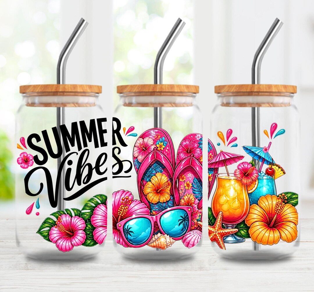 Summer Vibes 16oz Glass Can Wrap PNG Tropical Sublimation Cup Design ...