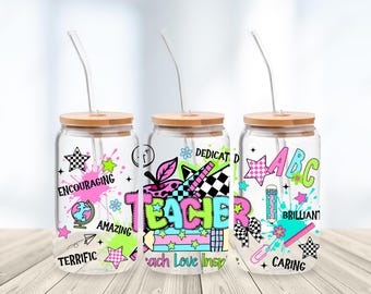 Retro Teacher 16oz Glass Can Wrap PNG - Sublimation Design (Digital Download)