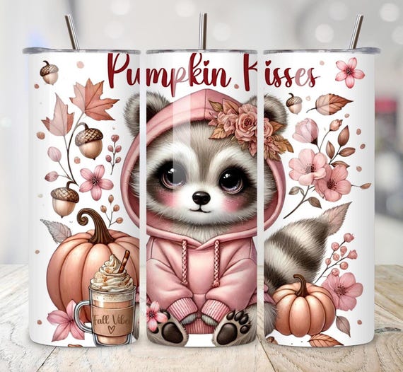 Fall Tumbler Wrap, Cute Raccoon PNG, 20oz Skinny Tumbler Digital Download, Fall Sublimation Design