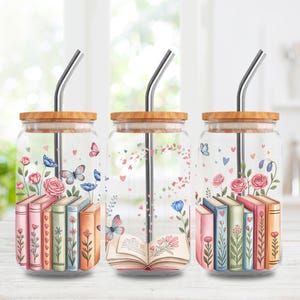 Book Lover 16oz Glass Can Wrap, Bookish Libbey Sublimation Design, Floral PNG, Digital Download image 1