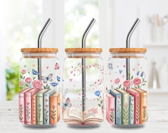 Vinilo PNG para lata de cristal con diseño de libros florales de 473 ml (16 oz), diseño de sublimación, vinilo para vaso de lectura, descarga digital para lectores adorables