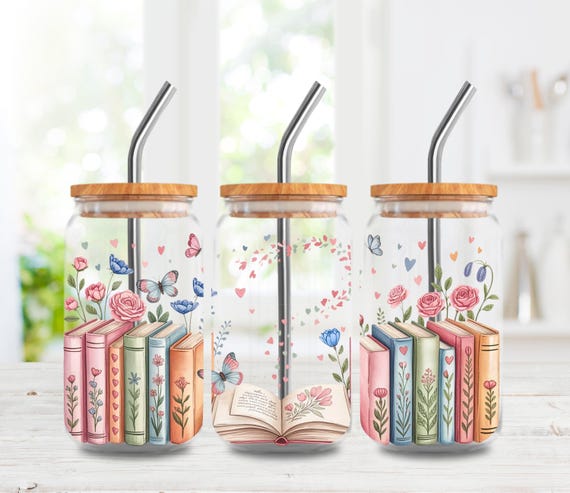 Book Lover 16oz Glass Can Wrap, Bookish Libbey Sublimation Design, Floral PNG, Digital Download