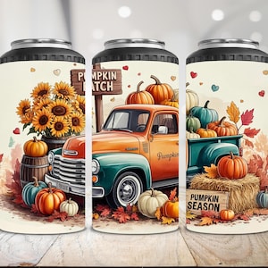 May include: Three can coolers with a seasonal autumn design. The design features an orange and teal vintage pickup truck laden with pumpkins, sunflowers, and autumnal leaves. The text "Pumpkin Patch" and "Pumpkin Season" are also visible.
