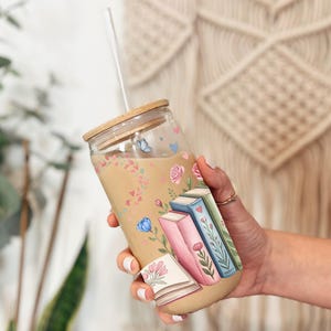 Book Lover 16oz Glass Can Wrap, Bookish Libbey Sublimation Design, Floral PNG, Digital Download image 2