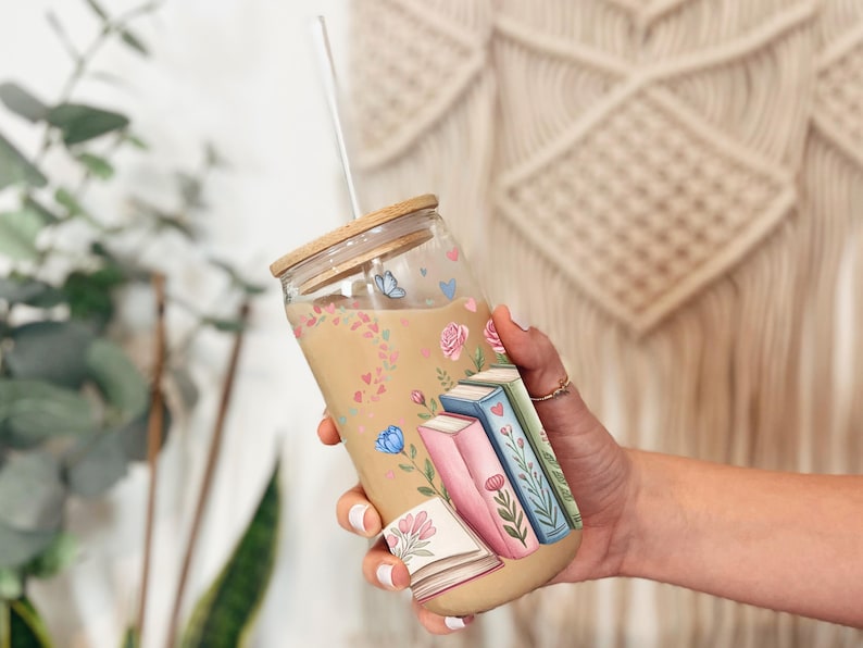 Book Lover 16oz Glass Can Wrap, Bookish Libbey Sublimation Design, Floral PNG, Digital Download image 2