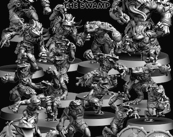 May include: A set of 14 miniature frog figures, painted in shades of grey, with various poses and expressions. The figures are arranged on a black background with the text "Frog The Swamp" and "October 2023".