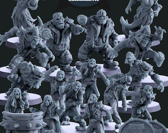 Può includere: Una collezione di miniature grigie, tra cui zombi e altre creature non morte, su basi circolari. Le figure sono in varie pose, alcune con le braccia tese. Il testo "THE GHOST DRESS NECROMANTIC" è in alto.