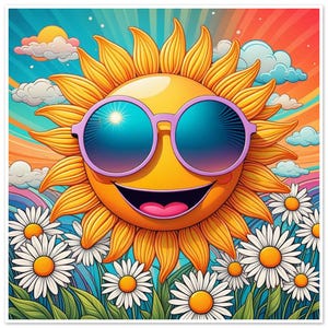 Sole allegro dei cartoni animati con occhiali da sole - Scena di tramonto e alba vibrante - Arte murale per un arredamento gioioso Poster classico in carta semi-lucida