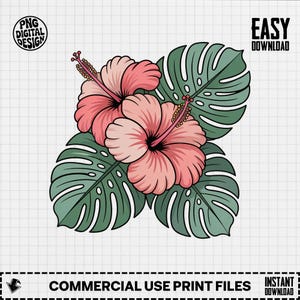 Hibiscus Clipart, Tropical Flower Clipart, Summer Floral Clipart, Beach Decor, Floral Sublimation, Hibiscus PNG, Monstera Leaf