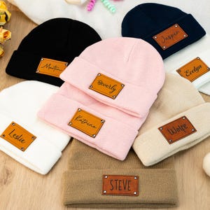 Personalized Baby Beanie Patch Hat, Custom Leather Name, Newborn to Toddler, Adult Kids Hat with Name Patch, Unisex Baby Hats, Birthday Gift