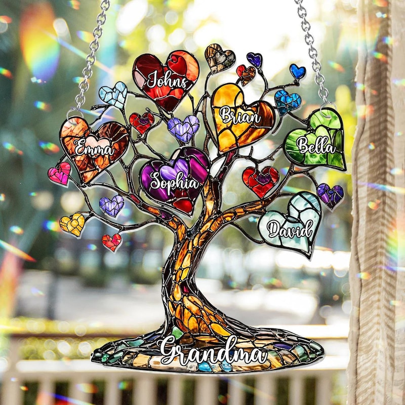 💖Buy 2 Free Shipping💖Family Tree Personalized Window Hanging Suncatcher, Heart Plant Ornament, Stained Glass Family Suncatcher, Gift for Mom Grandma